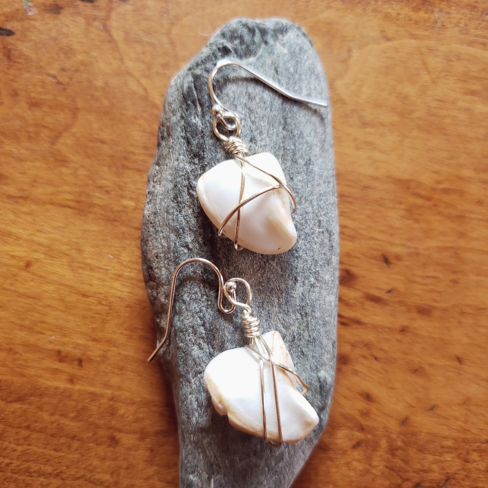 Handmade Wired White Long Island Seashell Earrings